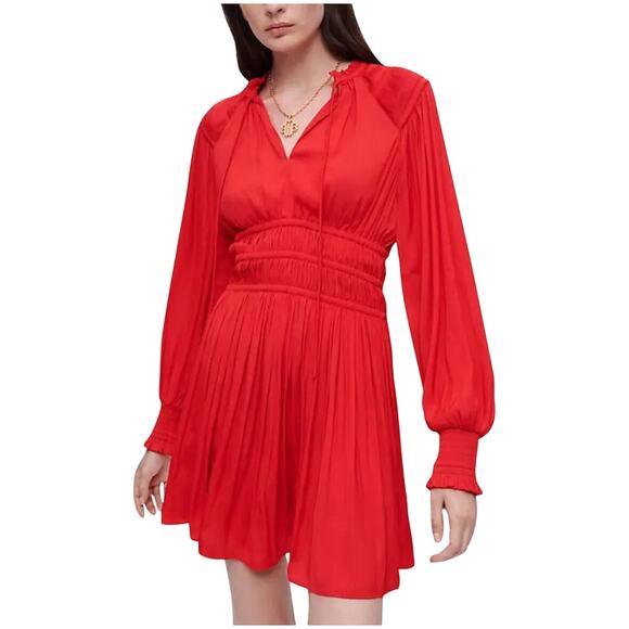 Maje Rianiko Smocked Satin Long Sleeve Pleated Mini Dress in Red - Picture 1 of 12
